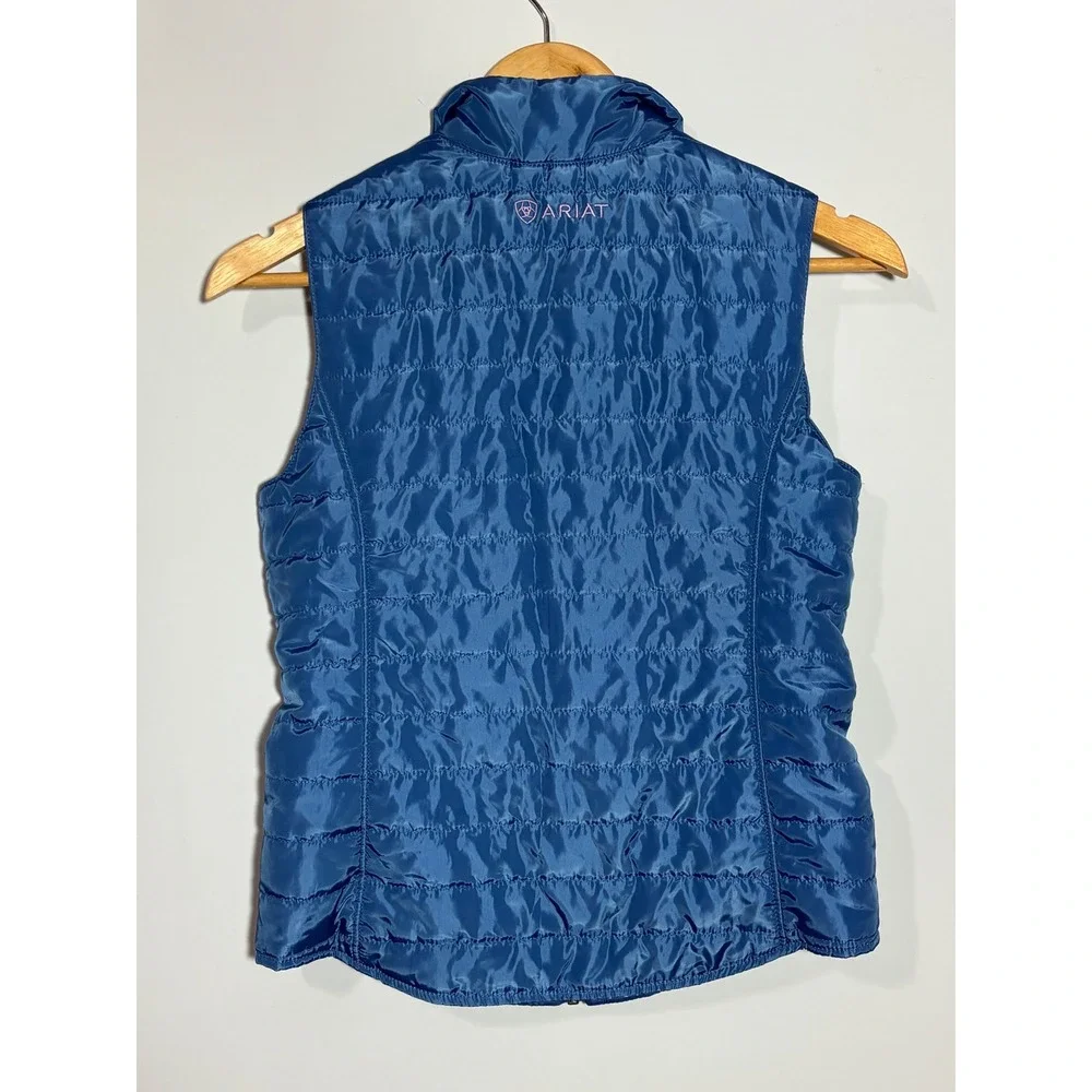 Ariat Reversible Puffer Vest Kids XL 14 Blue Horse Polka Dot Print Quilted Zip‎